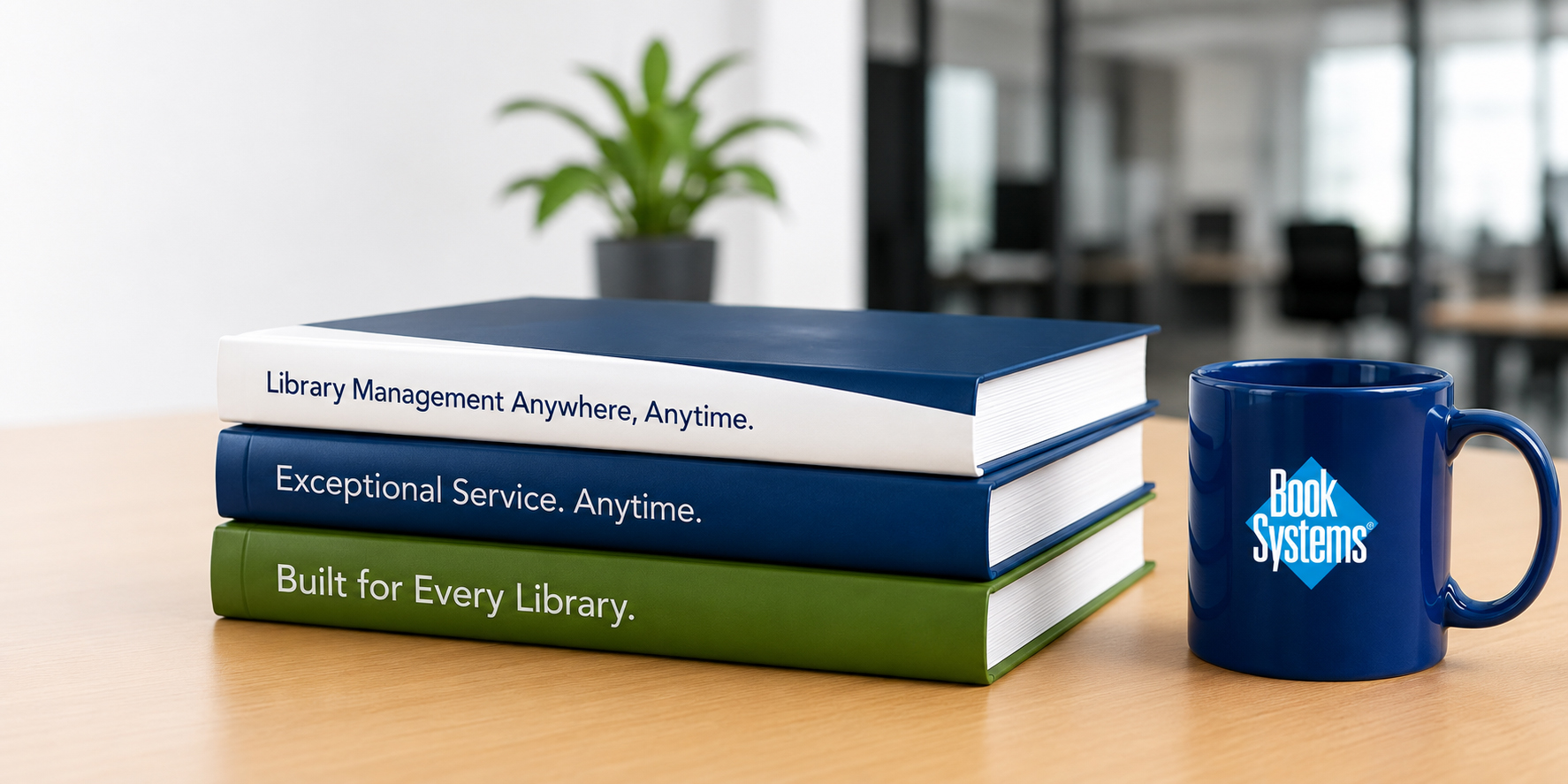 Stack of Atriuum and Booktracks reference books with a Book Systems mug